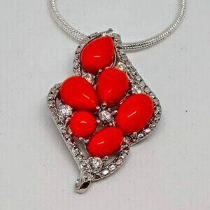 Orange Turquoise Cabochon & White CZ 925 Sterling‎ Silver Necklace.